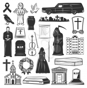 Funeral icons and symbols of grave tombstone, death and coffin at cemetery. Vector church, funeral hearse car and widow in black, cremation urn and columbarium mortuary flowers, priest with bible