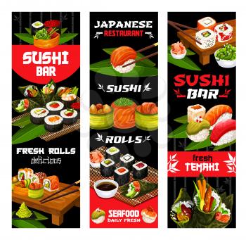 Sushi menu, Japanese cuisine food and restaurant banners. Vector fish and seafood sushi rolls with bamboo chopsticks, salmon and tuna sashimi with rice, seaweed salad and soy or wasabi sauce