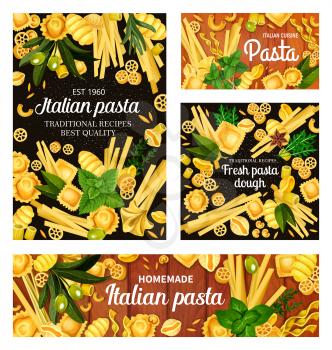 Vector spaghetti, penne and fusilli with olives and basil, farfalle macaroni, fettuccine and tagliatelle pasta. Italian pasta restaurant menu and cuisine traditional homemade cooking spices