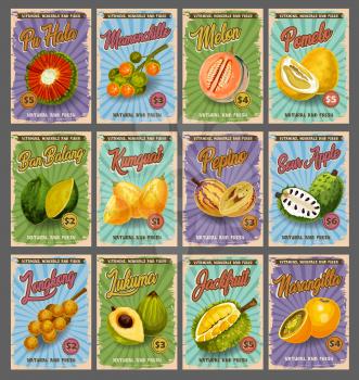 Tropical fruits market price cards, farm market of fruit. Vector pu hala, mamonchillo or melon and pomelo, exotic ban balang, kumquat or pepino and sour apple with longkong, jackfruit, sow apple