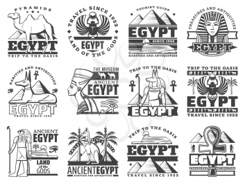 Egypt travel and Cairo landmarks icons. Vector ancient Egyptian pharaoh pyramids, sphinx and mummy, Anubis and eye sign, camel and coptic cross. Desert journey adventure to Egypt treasure antiquity
