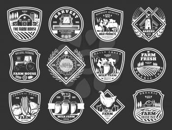 Farm and agriculture, meat and dairy food product icons. Vector cattle farm house, agrarian fruits and vegetables harvest, wheat and rye mill at barn, farmer tractor and poultry chicken