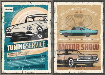 Vintage old cars tuning service, mechanic diagnostic and garage station. Vector vintage motor show and repair service, rare vehicles spare parts and maintenance