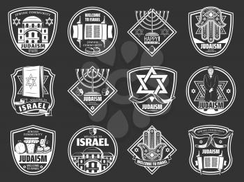 Israel travel and traditional Jewish heraldic symbols. Vector Judaism religion Happy Hanukkah Menorah, David star and Rabbi Torah, dreidel and synagogue, Hamsa hand and Shofar horn icons