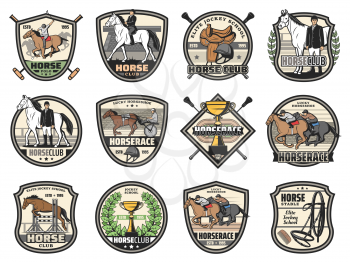 Horse races and equine sport club icons. Vector jockey polo club tournament, horse racing in carriages and mustang jumping, jockey dressage and heraldic victory laurel wreath