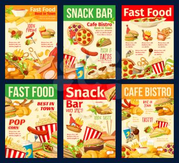 Fast food snacks, restaurant and bistro menu. Vector hot dogs and burgers, Mexican tacos, nachos and burrito, noodles, pizza with soda drink, ice cream and takeaway coffee