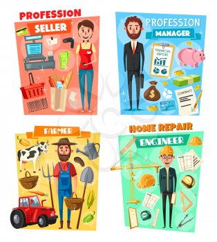 Business manager, farmer, architect engineer and supermarket seller professions. Vector cartoon shopping cart, money and contracts, farming agriculture and cattle, construction and building tools
