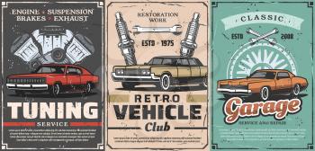 Retro vehicles club, vintage cars tuning service and mechanic garage station. Vector vintage motor cars diagnostic and restoration, service center, rare vehicles spare parts shop