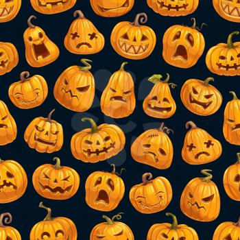 Halloween pumpkins seamless pattern of horror holiday cute and scary faces. Vector background with jack-o-lantern monsters, made of carved orange squashes, Halloween backdrop design