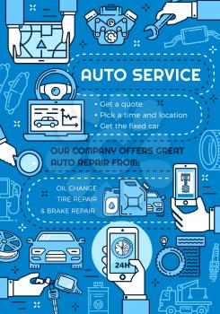 Car service, online mechanic maintenance, repair and diagnostics. Vector thin line vehicle engine oil change, wheel tire pumping and brakes repair, automobile parts restoration and tow service