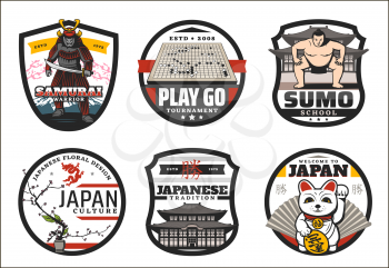 Japanese tradition and culture symbols. Vector welcome to Japan sign with hello kitty and Japanese hieroglyphs, Japan sumo school badge and samurai warrior, bonsai and ikebana floral design or go game