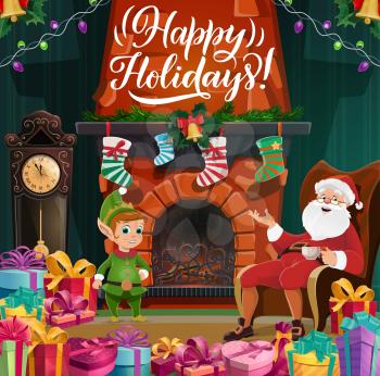 Winter holidays, Merry Christmas and Happy New Year. Vector Santa in chair with cup of tea, elf near fireplace and socks, jingle bell and holy. Garland and gifts, clock and presents, fairy characters
