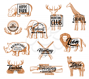 Hunting club, African safari hunt season lettering icons. Vector hippo park and rhinoceros nature reserve calligraphy badges, hunter shooting training sport and zebra safari tours, lion and giraffe