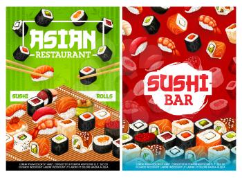 Sushi and rolls, Japanese food restaurant and bar menu covers. Vector Asian cuisine chopsticks and rolls with seafood salmon sashimi, tuna maki and caviar ikura hosomaki, ebi shrimp and ungi eel sushi