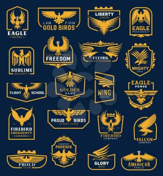 Heraldic eagle icons, business corporate identity signs. Vector heraldic golden hawk and eagle wing of aviation academy, liberty union and flight school, firebird emergency and phoenix company symbol
