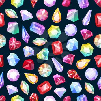 Gemstones, gem jewels and diamonds, jewelry precious stones seamless pattern. Vector background of ruby, sapphire crystal and emerald, opal and amethyst rhinestones, topaz and quartz gemstones pattern