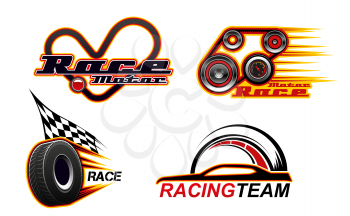 Car races, motor speed show and street racing icons. Vector car race heart track, engine and tire wheel with burning flame and speedometer, drag races championship and drift sport club badges