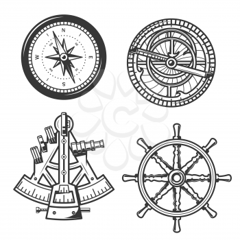 Ship helm, sail compass and sextant, seafarer marine navigation equipment. Vector icons of compass navigator with Winds Rose arrows and nautical astrolabe or geography positioning instruments