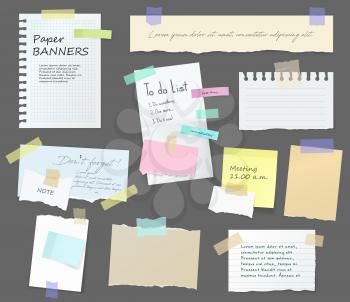Paper notes on stickers, notepads and memo messages torn paper sheets. Vector blank sticky notepaper posts of meeting reminder, to do list and office notice or information board with appointment notes