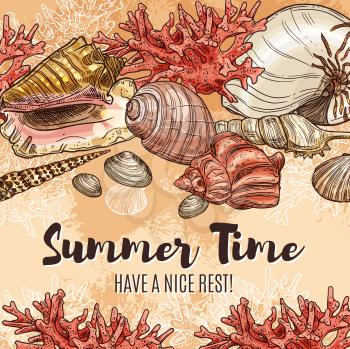 Summertime and seashells, summer holiday and sea travel sketch poster. Vector welcome to summer paradise ribbons, sea shells and corals on beach sand, seaside holiday resort or spa center