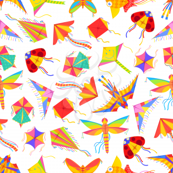 Cartoon kites seamless pattern. Vector background of flying color paper kites in ladybug and bird, butterfly and dragonfly, square origami fish shapes, kids summer game or festival pattern