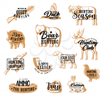 Hunter club badges, hunting season lettering icons. Vector African safari buffalo, hunter ammo equipment horn and trap for bear, bandoleer bullet cartridge, wild boar and duck, hunting dog and elk