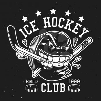 Ice hockey club sign, college sport league t-shirt print template. Vector ice hockey team mascot badge of puck with teeth breaking hockey stick, club championship or victory cup tournament game stars