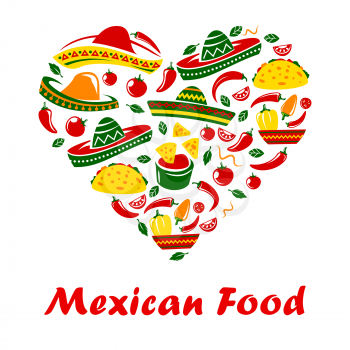 Mexican food poster, Mexico cuisine restaurant menu cover or cafe bar sign. Vector heart of spicy hot taco, Mexican sombrero, jalapeno chili pepper and traditional food burrito, taco and nachos