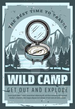 Mountain camping adventure and wild nature travel trips vintage poster. Vector tourist compass, scout expedition and extreme wilderness exploration team, holiday and vacations mountain hiking club