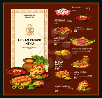 Indian cuisine menu, traditional India food and dishes. Vector dollar price menu for fish salad, perch in Bengali style and lamb skewers, bughi bahor snack with rice garnish and curry chicken