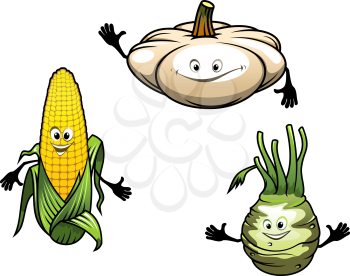 Royalty Free Clipart Image of a Cartoon Pumpkin, Corn and Turnip