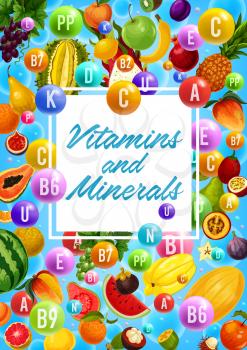 Vitamins and minerals in organic healthy fruits. Vector multivitamin complex in grape, pomegranate and orange citrus, tropical papaya and guava or pineapple, feijoa and banana, melon and apricot fruit