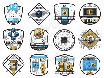 Cryptocurrency blockchain, bitcoin mining farm and digital wallet icons. Vector crypto currency network technology, autonomic mining systems and innovative bit coin exchange and payment business