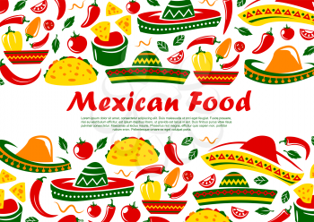 Mexican food restaurant menu cover, Mexico traditional cuisine tacos, burrito and quesadilla. Vector Mexican sombrero, spicy food, jalapeno chili pepper and nachos with tomato salsa sauce