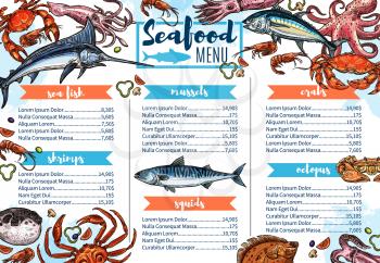 Seafood restaurant menu sketch cover, sea fish and gourmet food. Vector shrimps, crab or lobster barbecue, chef recipe salmon steak, squids and octopus, sardine and dorada grill bar menu