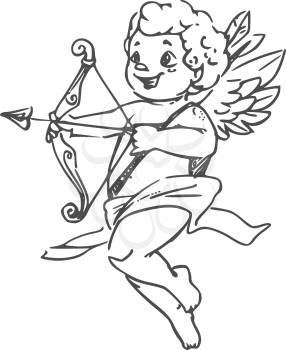Cupid with arrow and bow isolated winged boy in diaper. Vector outline Amur, side view