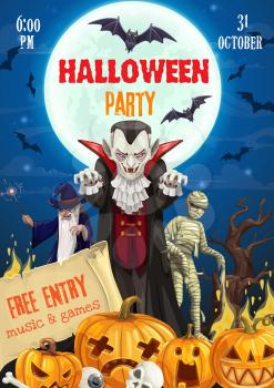 Halloween vampire, bats and pumpkins, horror night party vector invitation. Spooky Dracula, skull and mummy, evil wizard with magic wand, zombie eye and skeleton bones, full moon and creepy tree