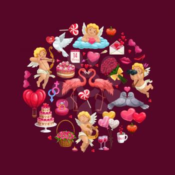 Valentines Day romantic love hearts, Cupids and gifts round icon. Vector wedding ring, chocolate and flower bouquets, letter envelope, candies and february calendar, lips, wine and cake, greeting card