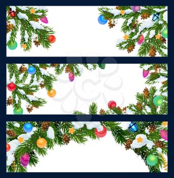 Winter holiday greeting blank banners with Xmas tree decorations. Merry Christmas and Happy New year vector pine or fir tree branches with Christmas lights and golden stars ornaments in snow