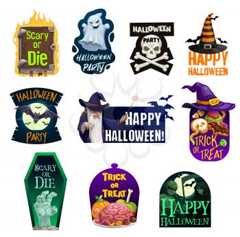Halloween vector icons of ghost, bats and witch hat with trick or treat candies, skull, bones and zombie hand, mummy, death skeleton and evil wizard, spellbook and coffin. Horror night party design