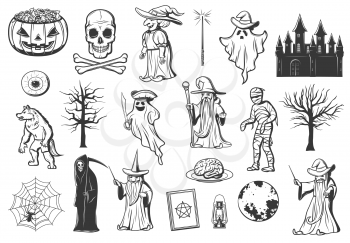 Halloween monster sketches with vector pumpkin, trick or treat candies and ghost. Witch, skull and mummy, death skeleton, spider net and zombie brain, eyeball, evil wizard, werewolf and haunted house