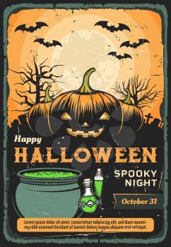 Halloween pumpkins, bats and full moon on graveyard with spooky tombstones, creepy trees, witch potion cauldron and bottles vector design. Halloween night spooky monsters invitation poster