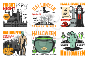 Halloween party vector design with horror night monster icons. Ghost, witch and pumpkin, bats, Dracula vampire and zombie, potion cauldron, haunted house and cemetery gravestone emblems