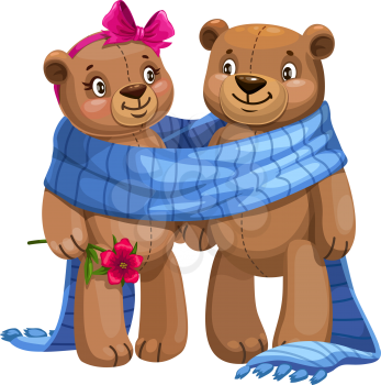Couple of bears in warm blanket isolated animals. Vector male and female plush toys