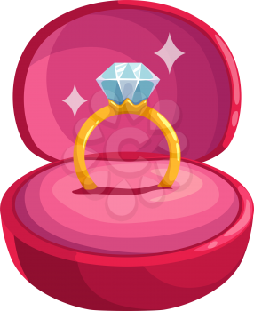 Engagement ring with big diamond gem in velvet box isolated. Vector Valentines day gift