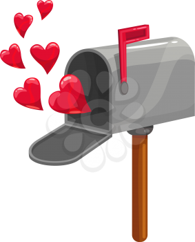Open mailbox with hearts and red flag isolated. Vector post box, Valentines day letterbox