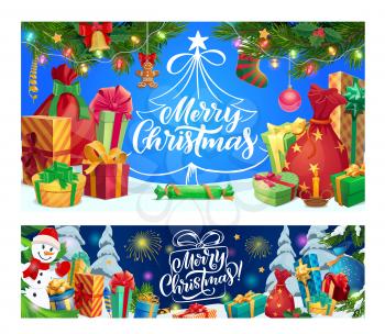 Snowman with Christmas gifts and Santa red bag vector greeting banners. Xmas tree and holly berry wreath with New Year holiday presents, stocking and ribbon bows, bell, balls, gingerbread and lights