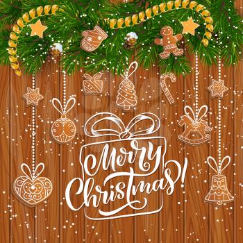 Christmas gingerbread festive garland on wooden background with wishes of Merry Xmas vector greeting card. New Year ginger cookie hanging on pine tree branch with ribbon bow, star, snow and pinecone