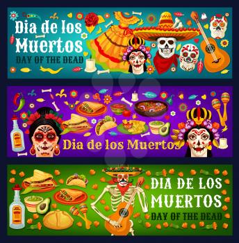 Dia de los Muertos sugar skulls, Catrina and marigold flowers, Mexican Day of the Dead vector design. Mariachi skeleton with sombreros, guitars and maracas, tequila, bread, flamenco dress and bones