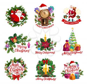 Merry Christmas greeting icons with Santa Claus, Xmas gifts and tree. Holly wreath and New Year garland with bell, ball and snow, candle, gingerbread and clock vector symbols, winter holidays design
